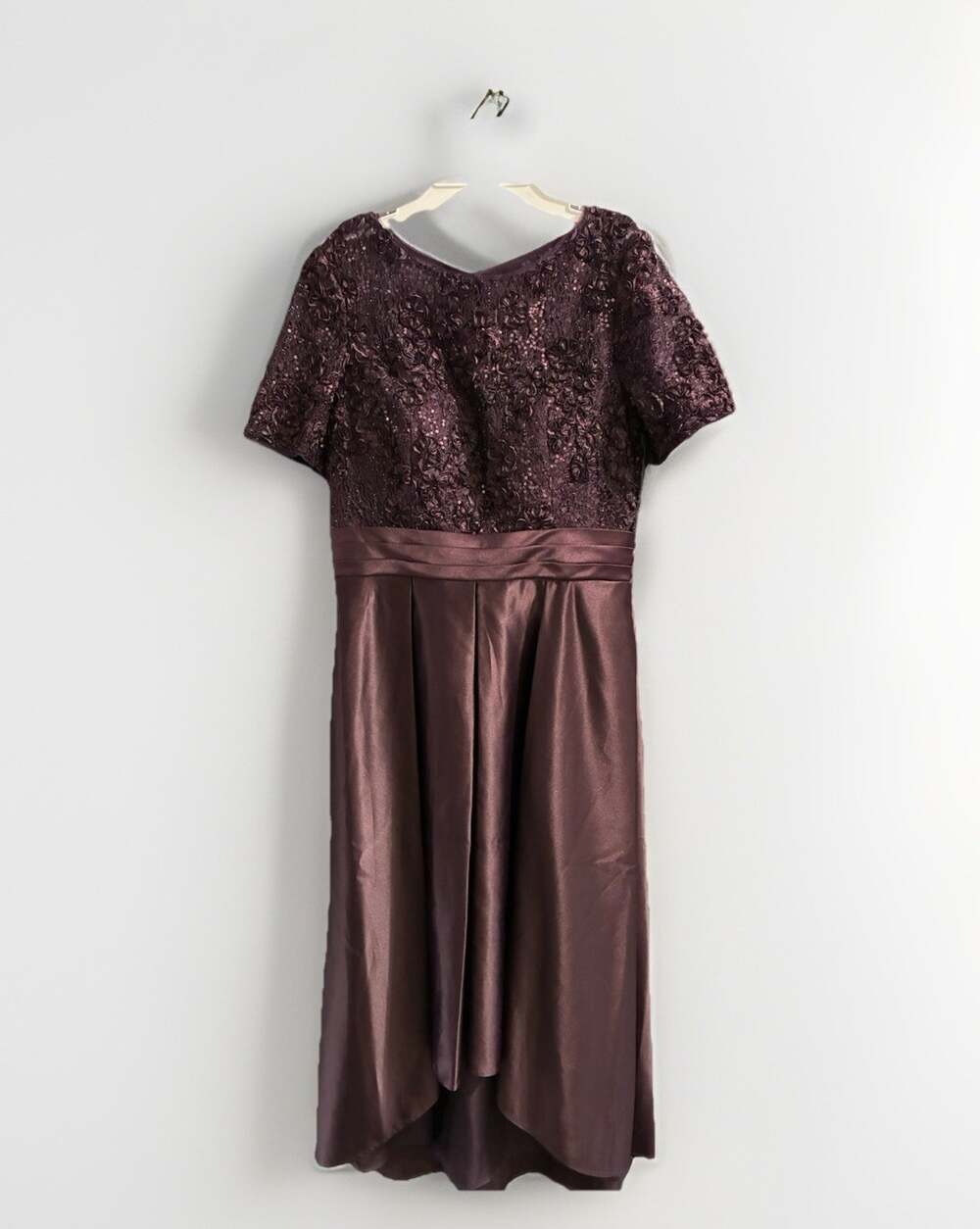 OLEG Cassini Dress Size 10 High Low Plus Size Satin Illusion Ball Gown Eggplant